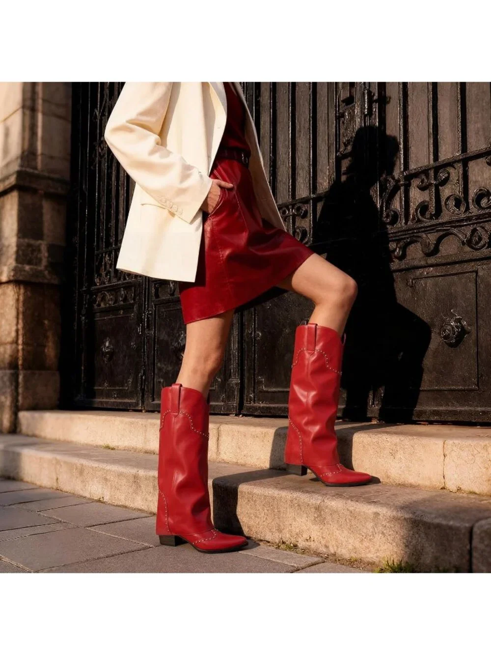 Women's Red Polyurethane (PU) Studded Fold Over Knee High Chunky Heel Boot